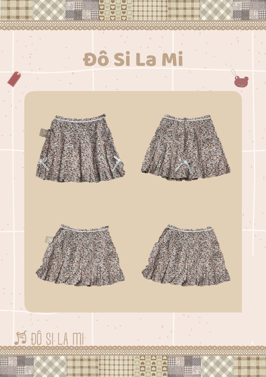 Chân váy hoa nhí kem nâu rỉ sét bồng gấu tròn phối nơ ren